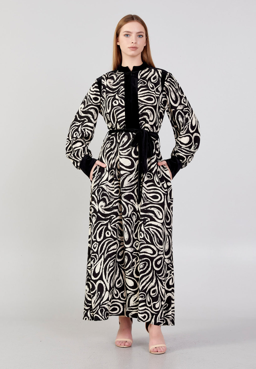 Long Sleeve Midi Velvet Column Regular Casual Dress noz24k50096 - Casual Dress - Istanbul Fashion Center