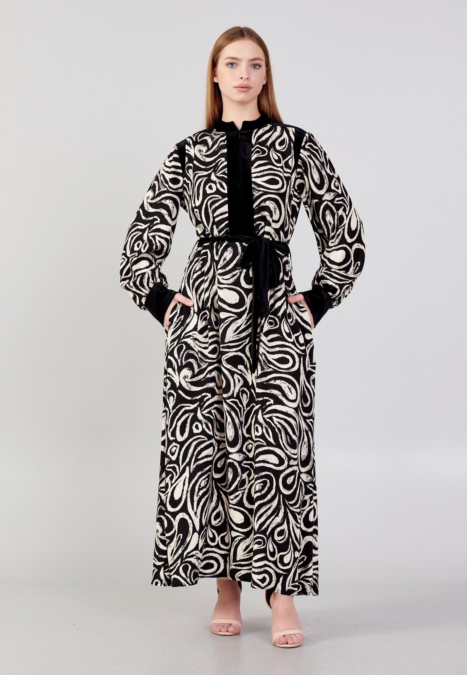 Long Sleeve Midi Velvet Column Regular Casual Dress noz24k50096 - Casual Dress - Istanbul Fashion Center