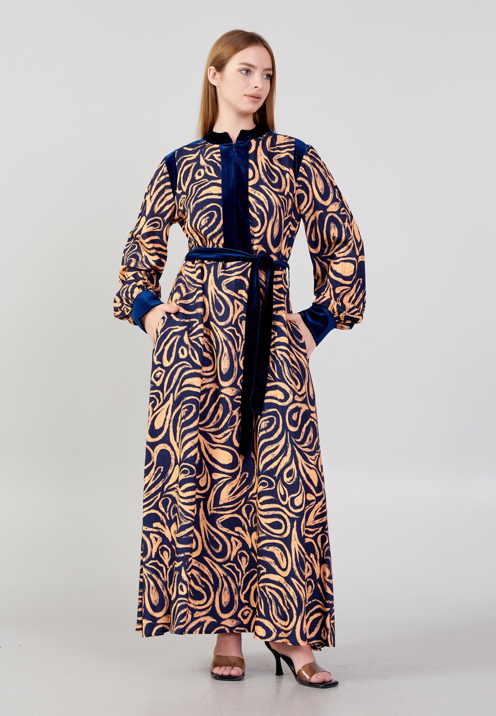 Long Sleeve Midi Velvet Column Regular Casual Dress noz24k50096 - Casual Dress - Istanbul Fashion Center