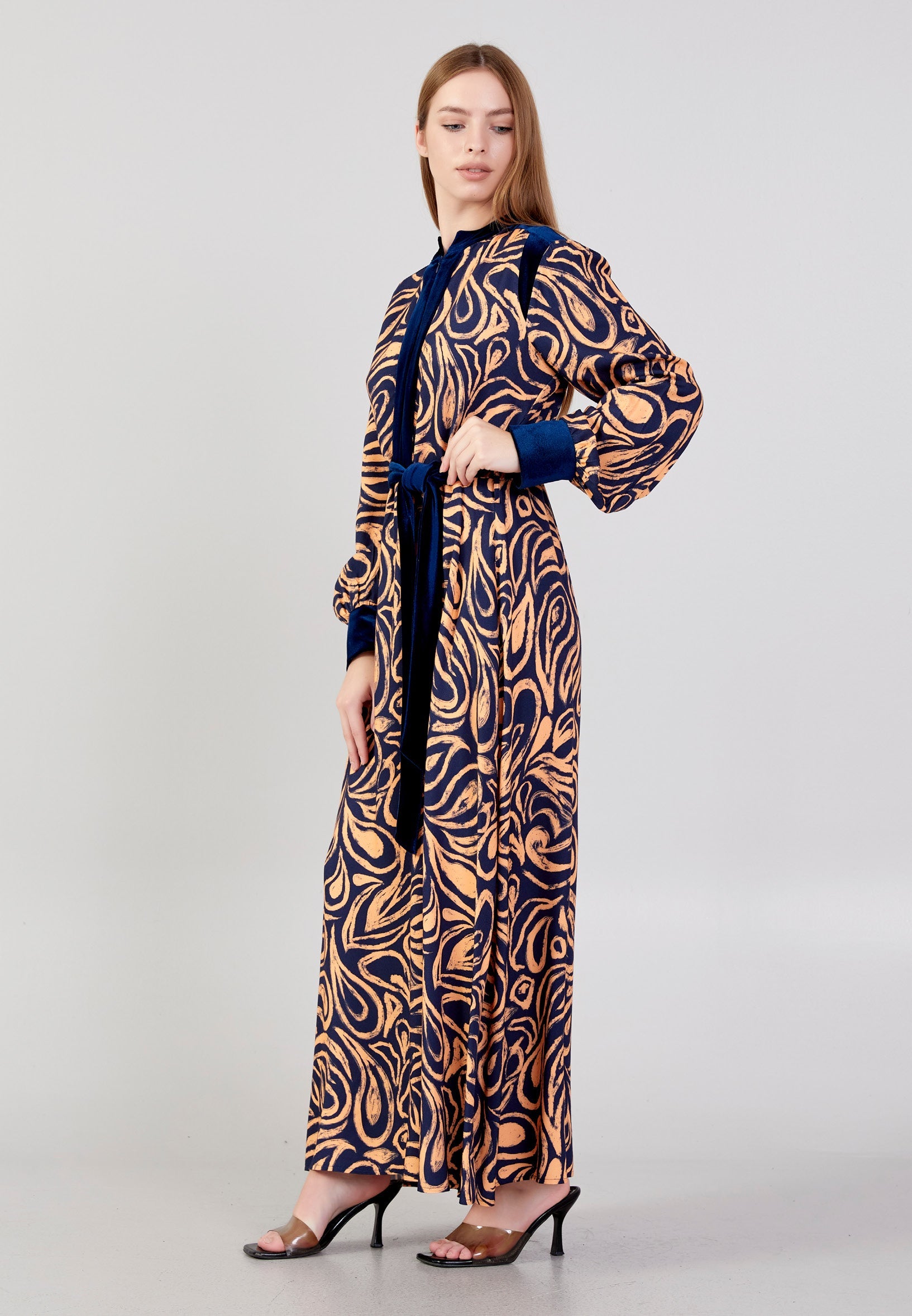 Long Sleeve Midi Velvet Column Regular Casual Dress noz24k50096 - Casual Dress - Istanbul Fashion Center