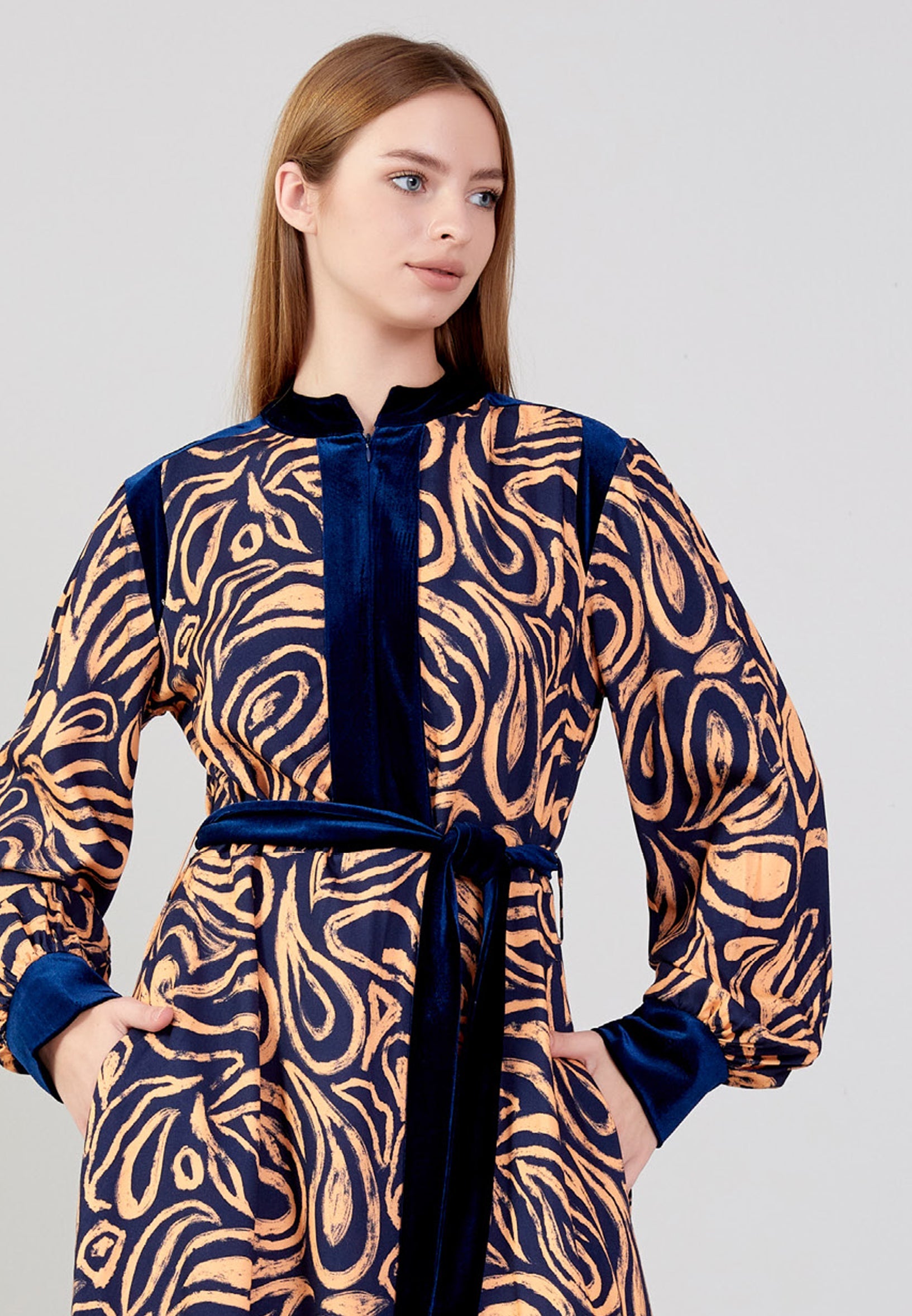 Long Sleeve Midi Velvet Column Regular Casual Dress noz24k50096 - Casual Dress - Istanbul Fashion Center